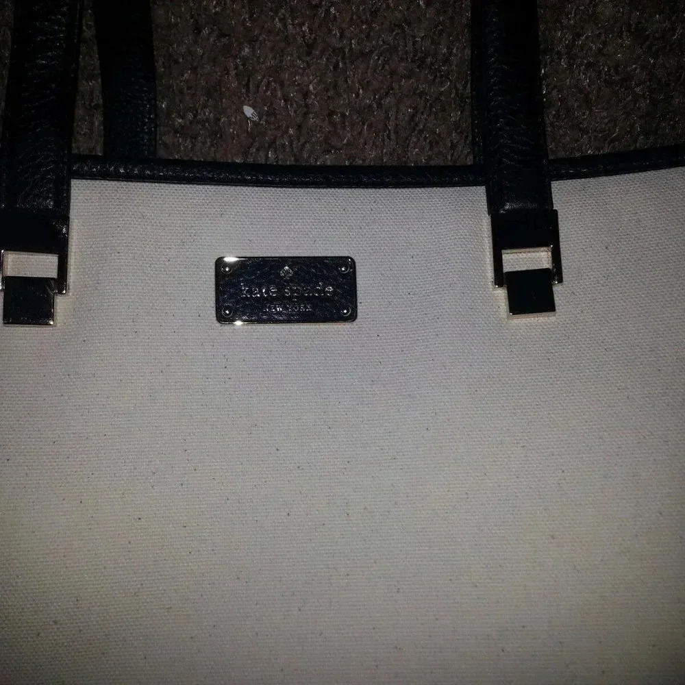 KATE SPADE-Oliver Street-Taren-Canvas Shoulder Bag-TOTE-Natural & Dark Navy-NWOT - Picture 2 of 6